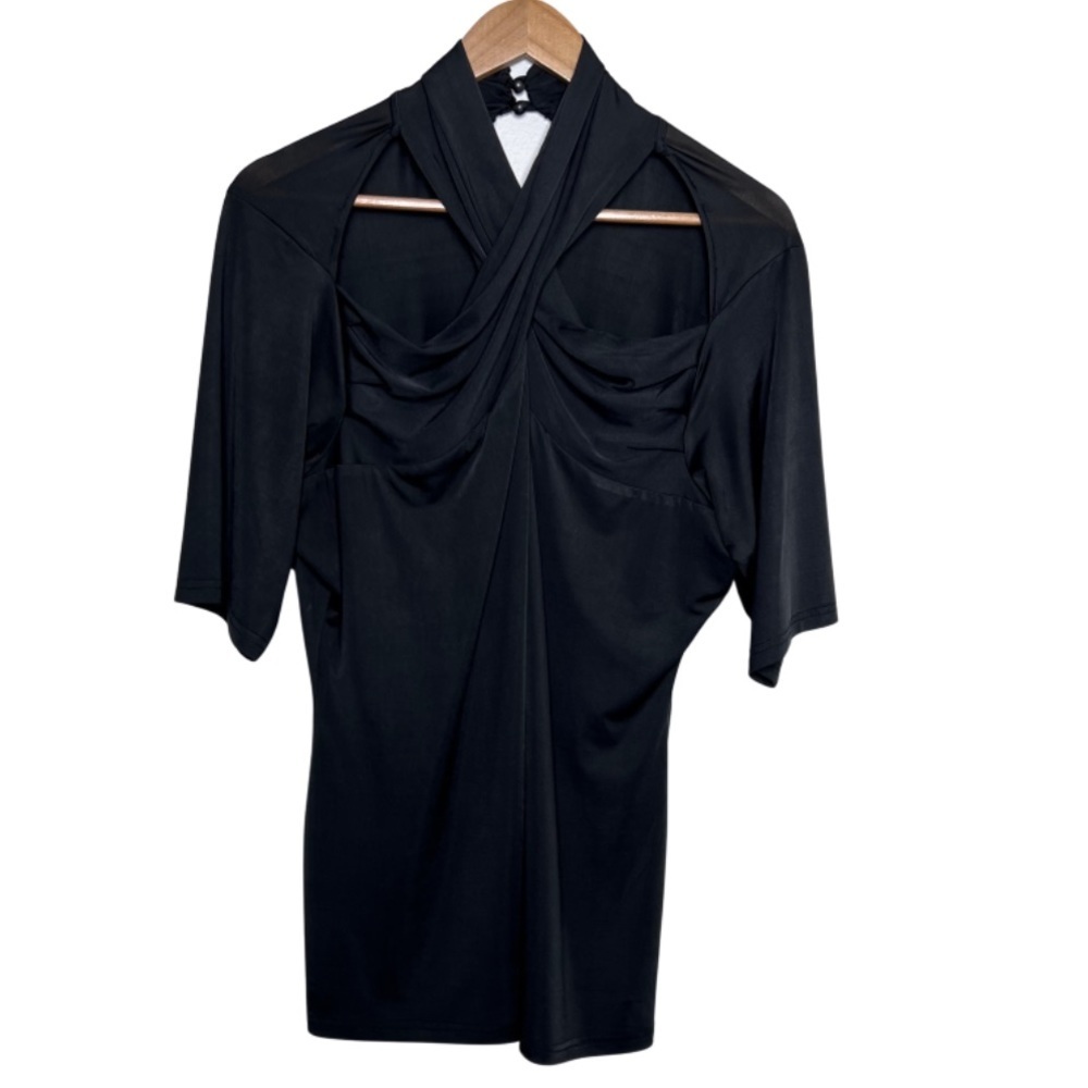 Black Mock Neck Halter Twist‎ Front Cutout Sheer Sleeve Top Women's